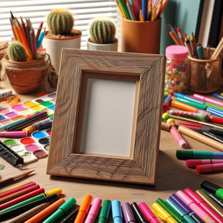 Wooden picture frame with different stationery on table in office, closeupの写真素材
