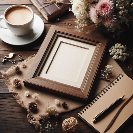 Wooden photo frame, notebook and cup of coffee on wooden table