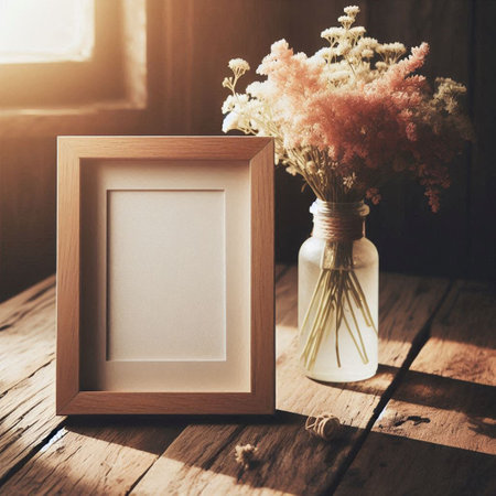 Photo frame mockup with dried flowers in vase on wooden tableの写真素材