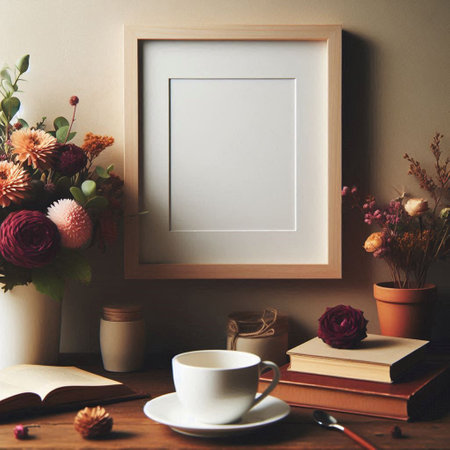 Blank picture frame mockup with coffee cup and flowers on wooden table.の写真素材