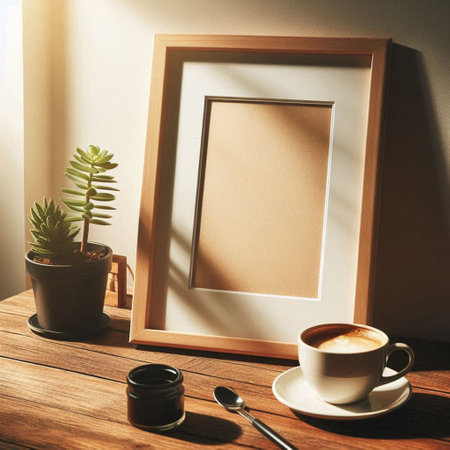 Blank picture frame mockup with cup of coffee on wooden tableの写真素材