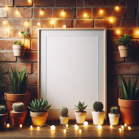 Blank picture frame mockup with cacti and succulents on brick wall background.の写真素材