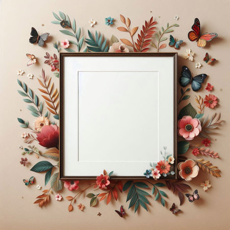 Flowers and leaves frame with copy space. Flat lay, top view