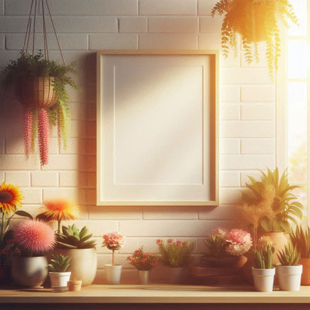 Mock up poster frame in interior with flowers. 3d render