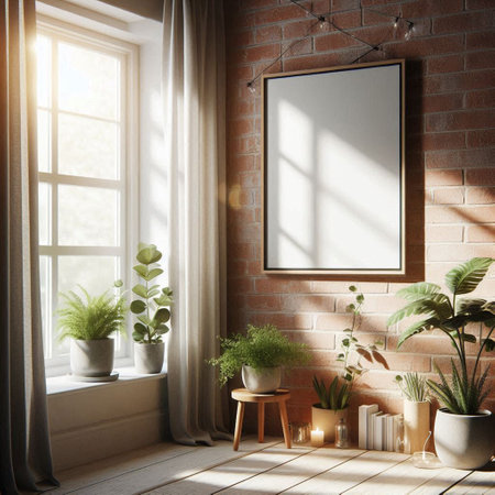 Interior of modern living room with brick walls, tiled floor, window with curtains and plants in...