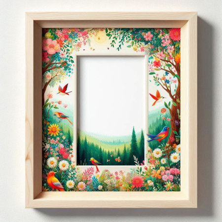 Wooden frame with wildflowers and birds on a white background