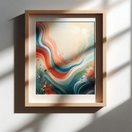 Abstract painting in a wooden frame on a white wall. 3d renderingの写真素材