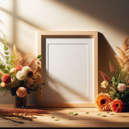 Frame mockup with autumn flowers on wooden table. 3d render