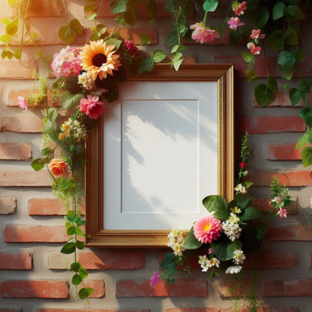 Wooden frame with flowers on brick wall background, copy space.の写真素材