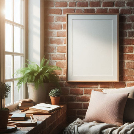 Mock up poster frame in hipster interior, 3d renderの写真素材