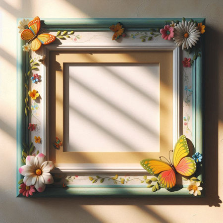 Vintage frame with butterflies and flowers on the wall, top viewの写真素材