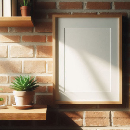 Blank picture frame mockup on brick wall. 3d renderingの写真素材