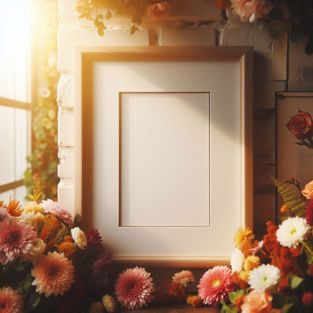 Blank picture frame mockup with flowers on brick wall background. 3d renderingの写真素材
