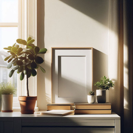 Modern interior with books, potted plant and window view. Mock up, 3D Rendering