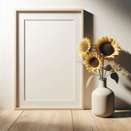 Blank frame mockup with sunflowers in vase on wooden floor. 3d renderingの写真素材