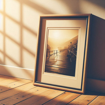 Empty picture frame on wooden floor in room. Mock up, 3D Rendering