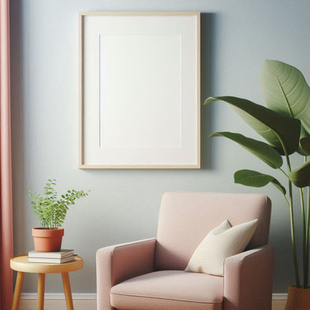 Interior of living room with armchair, poster mockup, 3d render