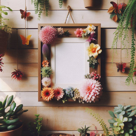Flowers and butterflies in a wooden frame on a rustic background