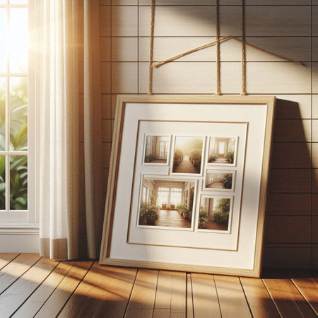 Wooden frame with pictures on the wall. 3d rendering.の写真素材