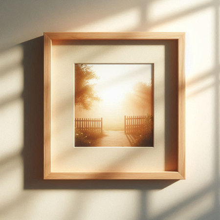 wooden picture frame on white wall with sun light and tree shadowの写真素材