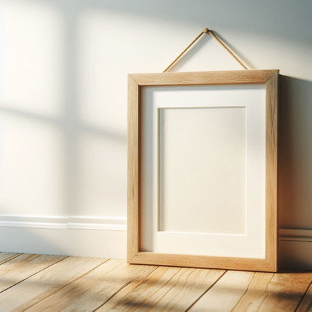 Empty photo frame hanging on white wall. Mock up, 3D Rendering