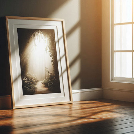 Wooden frame mockup in interior with sunlight. 3D rendering