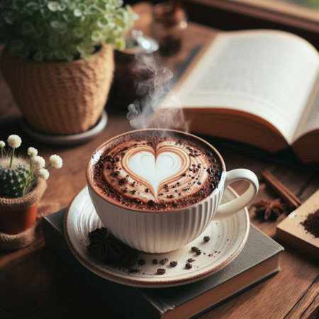 Cup of coffee with heart shape and book on wooden table.の写真素材