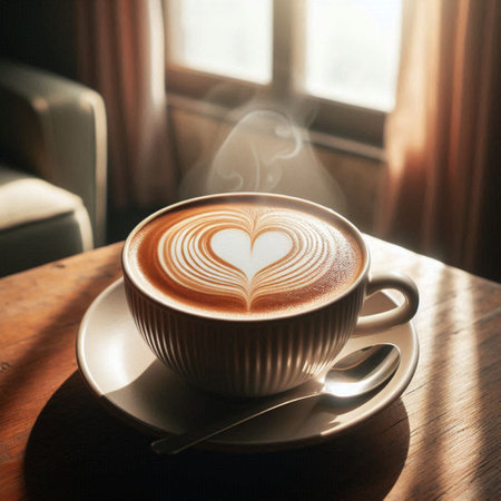 Cup of cappuccino with heart shape on it.の写真素材