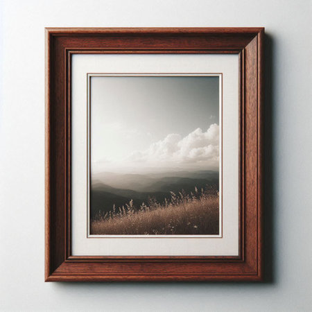 Wooden frame with a picture of a landscape on a white wall