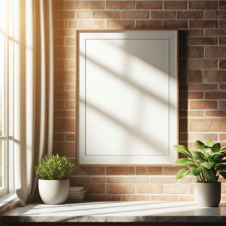 Blank picture frame in modern interior with brick wall and window. Mock up, 3D Renderingの写真素材