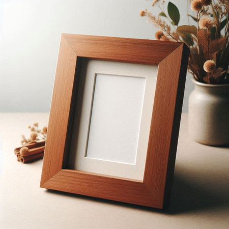 Wooden frame mockup with cinnamon and dried flowers in vase