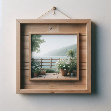 Wooden window with a view of the mountains. 3d renderingの写真素材