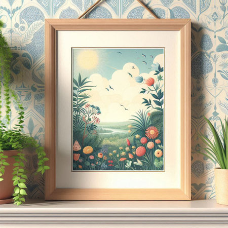 3d render of a picture frame in a room with flowers and plants