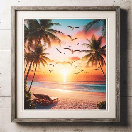 Wooden picture frame with seagulls and sunset on the beach