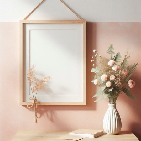 Interior of modern living room with mock up poster frame, books and flowers in vase. 3d renderの写真素材