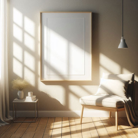 Interior of modern living room with white walls, wooden floor, comfortable white sofa and round coffee table. Vertical mock up poster frame. 3d renderingの写真素材