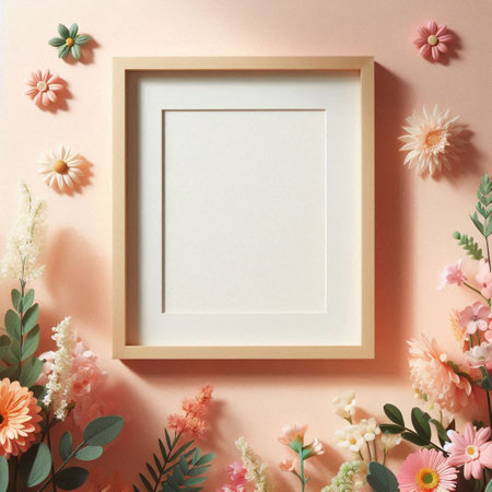 Flowers composition. Frame mockup on pastel pink background. Flat lay, top view, copy space