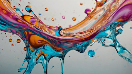 Colorful splashes and drops of water on a light background.