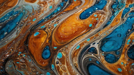 Abstract background of acrylic paints in blue and orange tones. Liquid marble pattern.