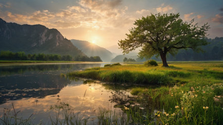 Sunset over a lake with a tree in the foreground and mountains in the backgroundの写真素材