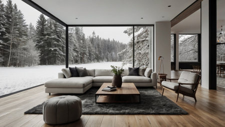 Modern bright interiors 3D rendering illustration of a living room with a lake viewの写真素材