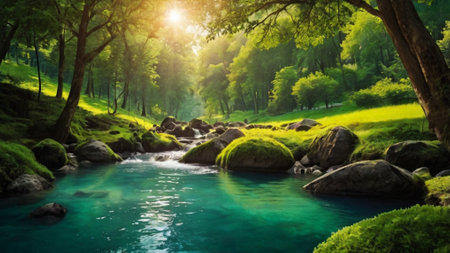 beautiful summer landscape with river and green forest, panoramic viewの写真素材