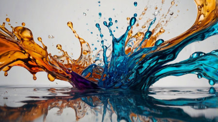 Colorful paint splashes and ripples on a water surface.