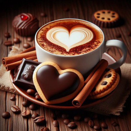 Cup of coffee with heart shape and chocolate on wooden background.の写真素材