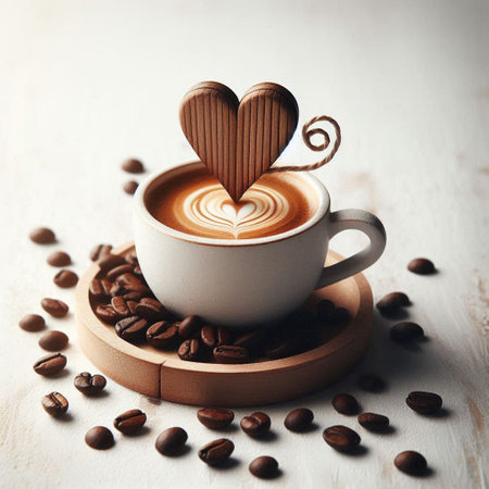 Cup of coffee with heart shape and coffee beans on white wooden backgroundの写真素材