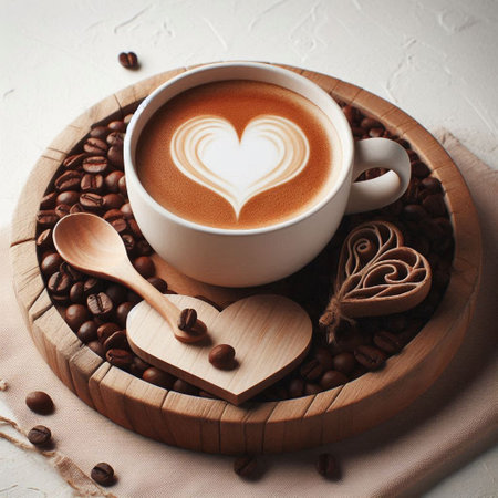 Cup of coffee with heart shape and coffee beans on white backgroundの写真素材