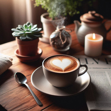 Cup of coffee with latte art on wooden table in cafeの写真素材
