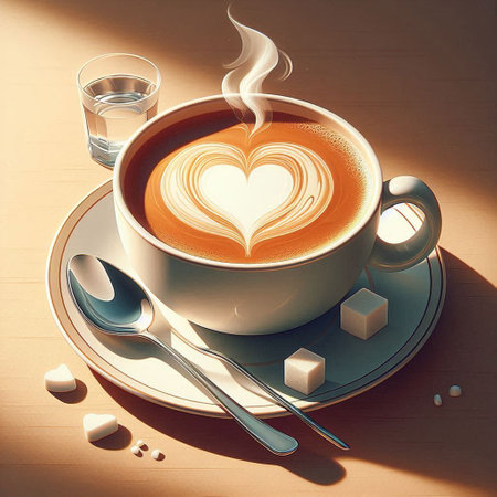 Cup of cappuccino with heart shape on wooden tableの写真素材