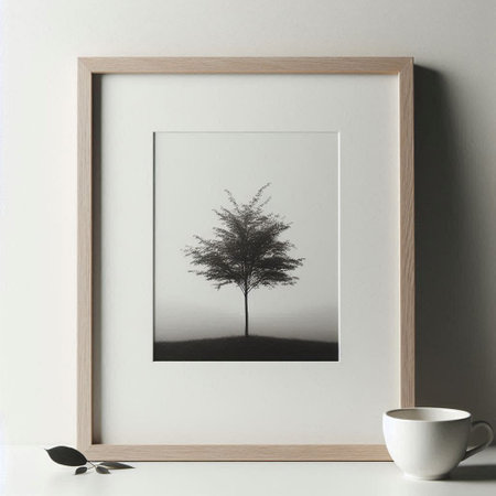 White picture frame mockup with a tree on the wall. 3d rendering