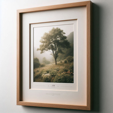 Photo of a tree in a frame on a white wall. Vertical photo.